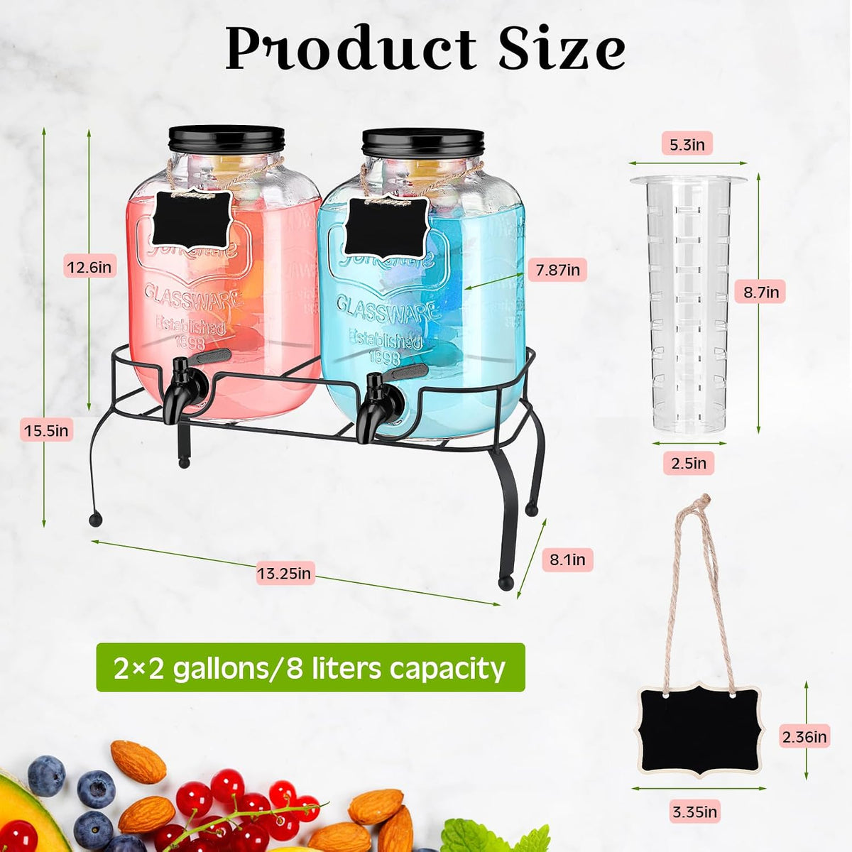 Lallisa 2 Pcs 2 Gallon Glass Drink Dispenser with Stand Ice Cylinder