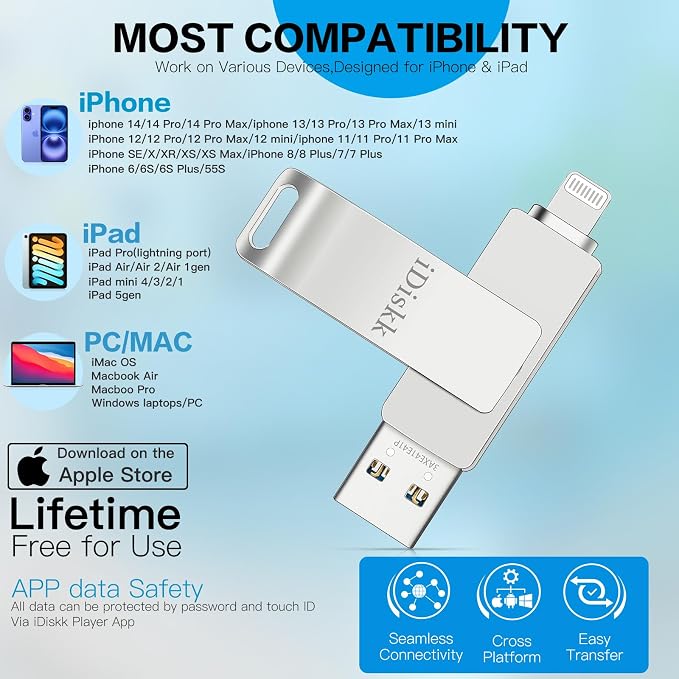 iDiskk 256GB iPhone Photo Storage Stick MFi Certified Flash Drive Photo Stick - Image 5