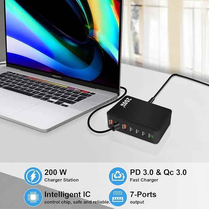USB C Charger Charging Station 200W 7-Port GaN Fast Charging Block PD 3.0 TypeC - Image 5