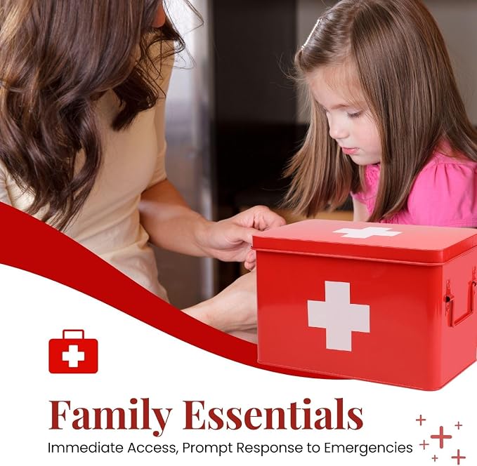 Flexzion First Aid Box Organizer Empty 13" Red Vintage First Aid Kit Tin Metal - Image 2