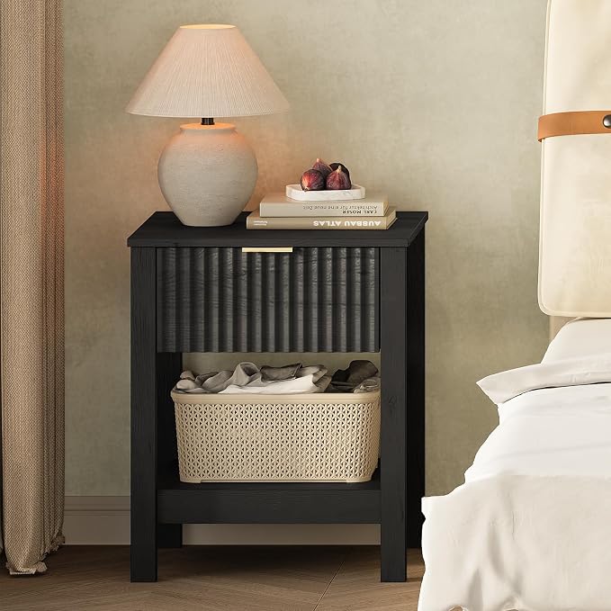 Fluted Night Stand with Golden Handle, Mid-Century Nightstands with Drawer - Image 6