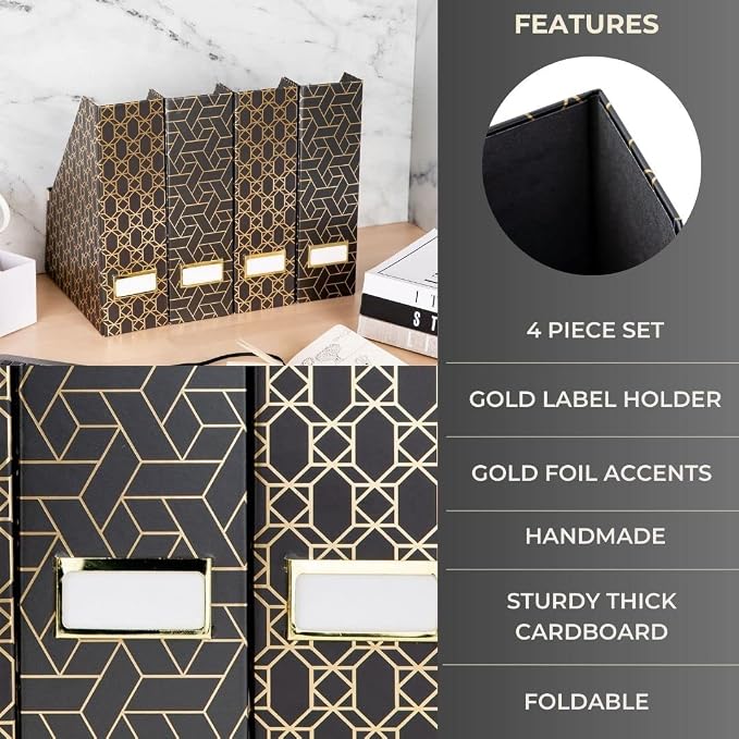 BLU MONACO | Set of 4 Black & Gold Geometric Magazine File Holders - Image 5