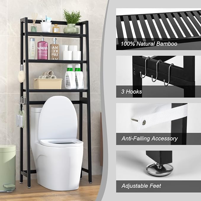 VASMIA Over The Toilet Storage, Bamboo 3-Tier Bathroom Organizer Over Toilet - Image 6