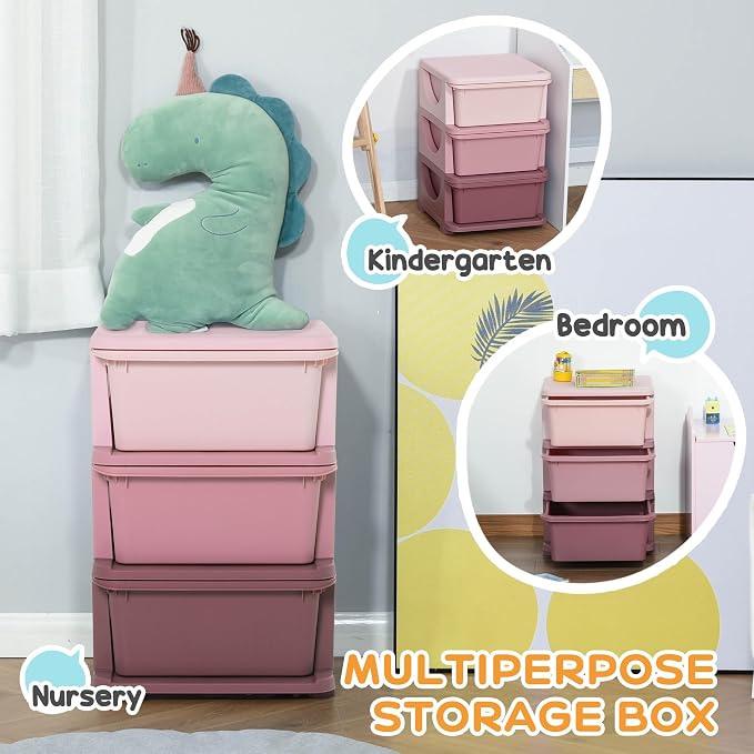 Qaba 3 Tier Kids Storage Unit, 3 Drawer Chest Toy Organizer Plastic Bins - Image 6