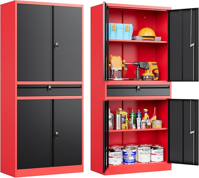 Metal Storage Cabinet with Drawer and Lock, Garage Storage Cabinet with Locking by SISESOL