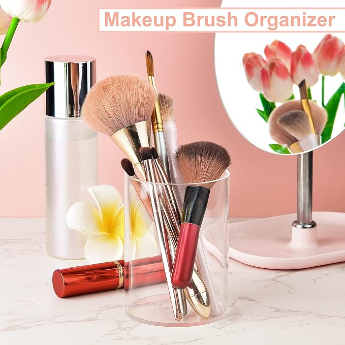2 Pieces Clear Acrylic Pen Holder Round & Pencil Cup Clear Makeup Bush Holder - Image 6