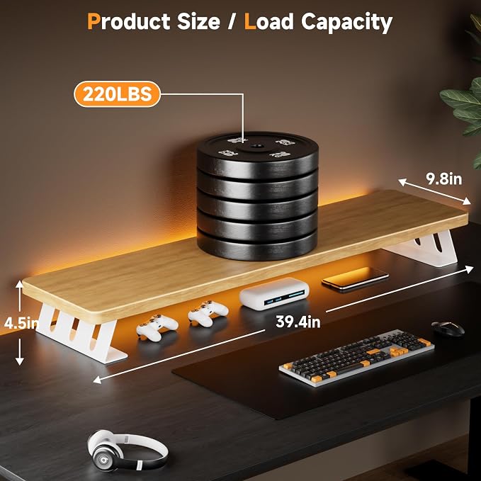 Dual Monitor Stand Riser, 39 Inch Large Wood Monitor Stands - Image 3
