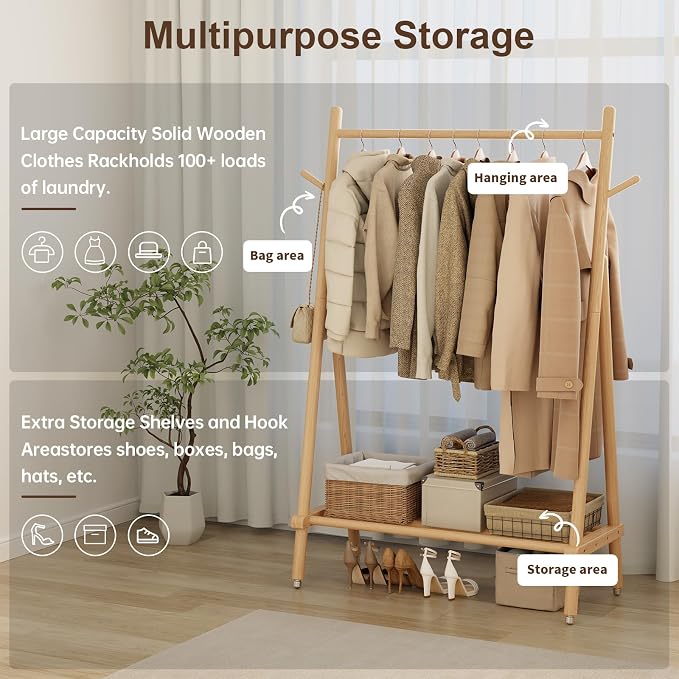Solid Wood Clothing Rack, Rolling Clothes Rack - Image 3