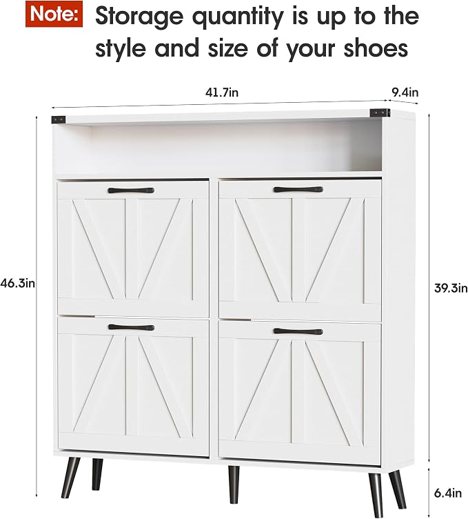 Shoe Cabinet with 4 Flip Drawers, Farmhouse Shoe Storage Cabinet - Image 2