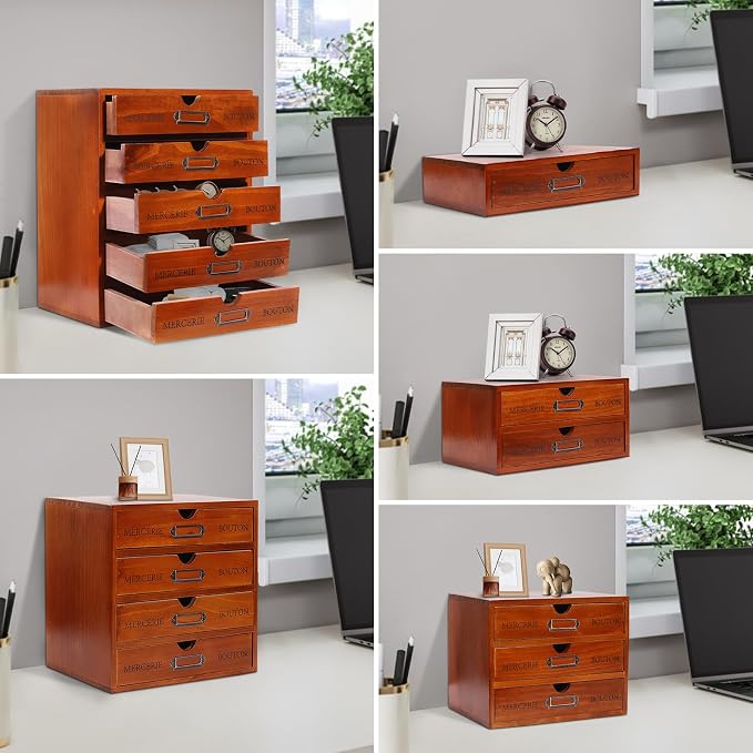 5Pcs Storagee Drawers, Retro Desktop Organize, Wooden Desktop Organizer - Image 5