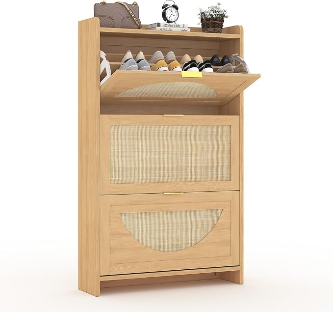 Rattan Shoe Cabinet with 3 Flip Drawers, Natural Wood Shoe Storage Cabinet - Image 8