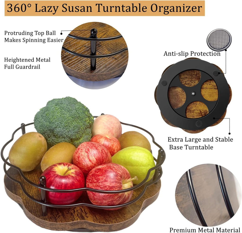 2 Pack, 11" & 12" Wooden Lazy Susan Turntable with Higher Metal Sides