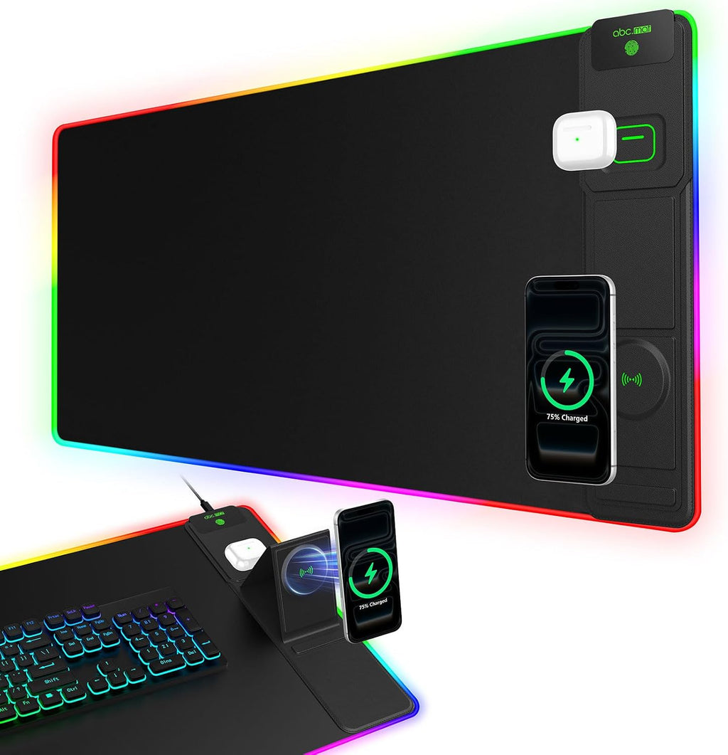 RGB Gaming Mouse Pad with Magnetic Wireless Charging & Foldable Phone