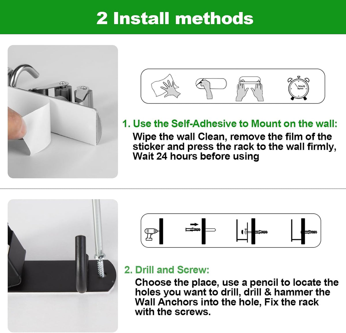 voze 2 Racks and 3 Hooks Mop and Broom Holder Wall Mount, Self