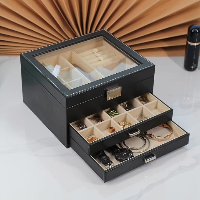 BOOVO Clear Lid Jewelry Box, 3 Layers Jewelry Organizer Large Multi-Functional - Image 4