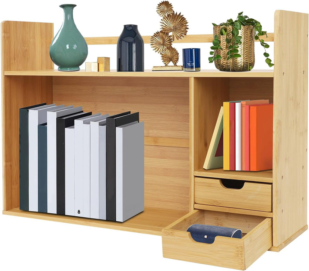 Bamboo Desktop Bookshelf 2-Tier Short Bookshelf with 2 Drawers Desk