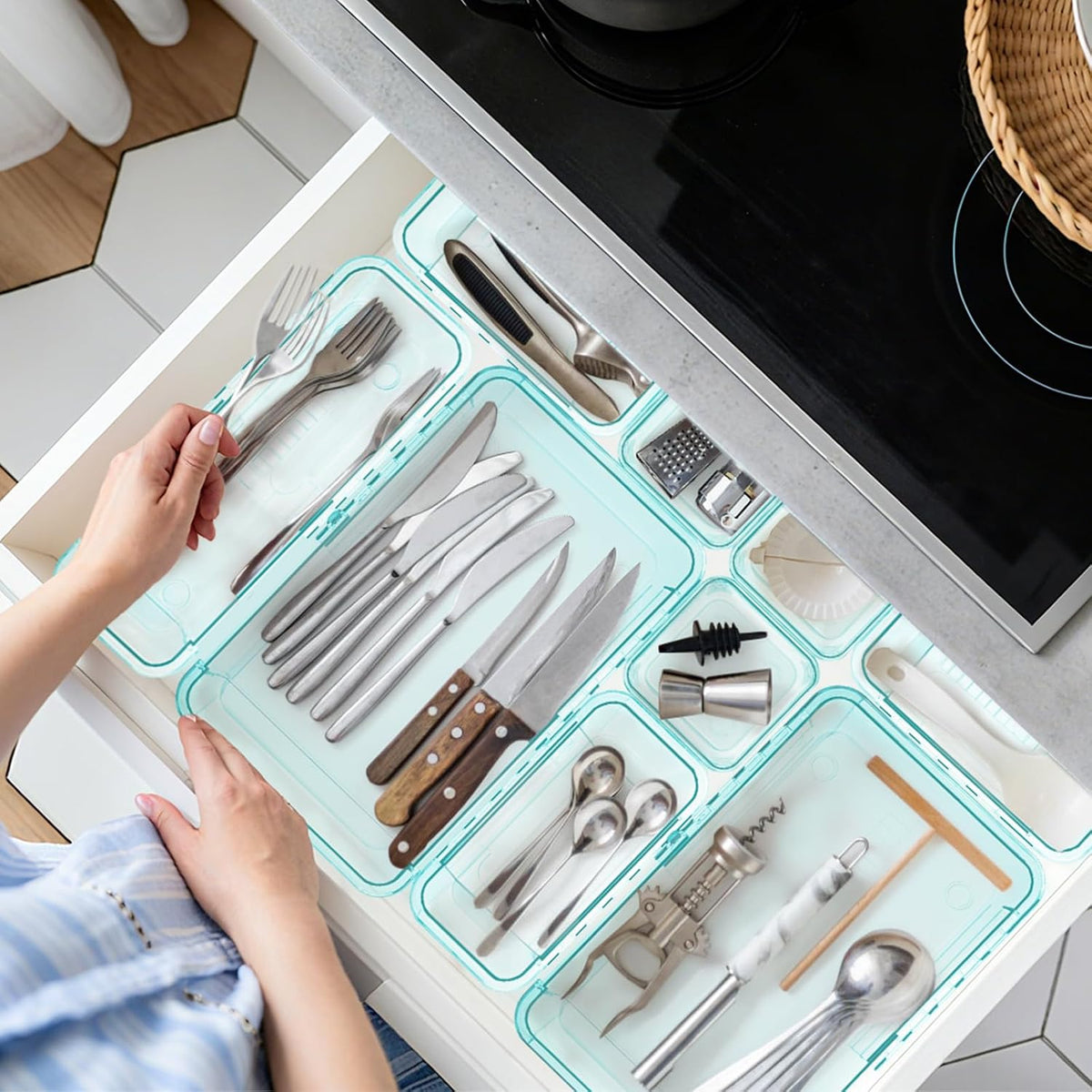 20 Pcs Adjustable Clear Drawer Organizer, Extendable Vanity Storage