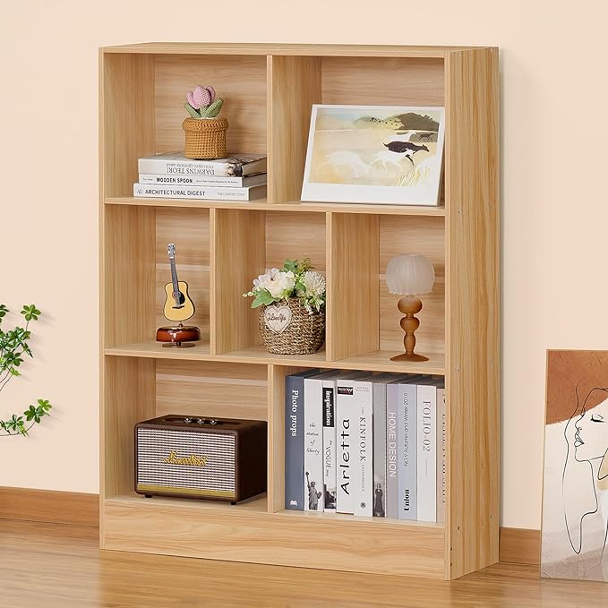 LEYAOYAO 7 Cube Bookshelf with Base, 3 Tier Mid-Century Modern Natural Bookcase by LEYAOYAO-Findtheshiningpointofyourideallife%EF%BC%81