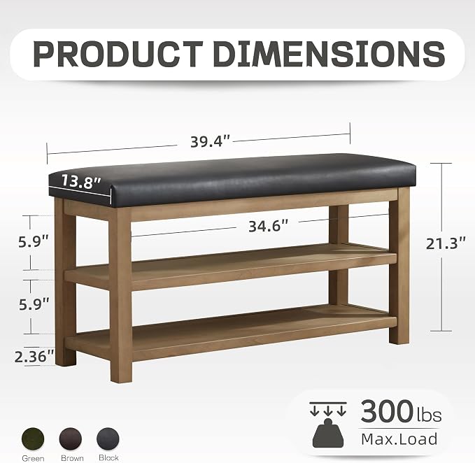 Shoe Rack Bench with Leather Cushion, 2 Tier Solid Wood Storage Bench, - Image 2
