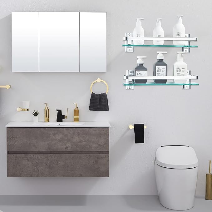 AIJALY 3 Pack Bathroom Glass Shelf, Aluminum Tempered Glass 0.34in Extra Thick - Image 2