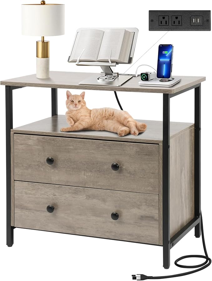 27 inch Wide Night Stand with Charging Station, Bedside Table with Open Shelf by Edbuosy