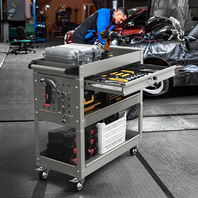 3-Tier Rolling Tool Cart, Metal Heavy Duty Utility Cart on Wheels - Image 2