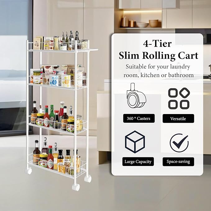 Utility Slim Storage Cart, 4-Tier Storage Cart, Narrow Cart - Image 4