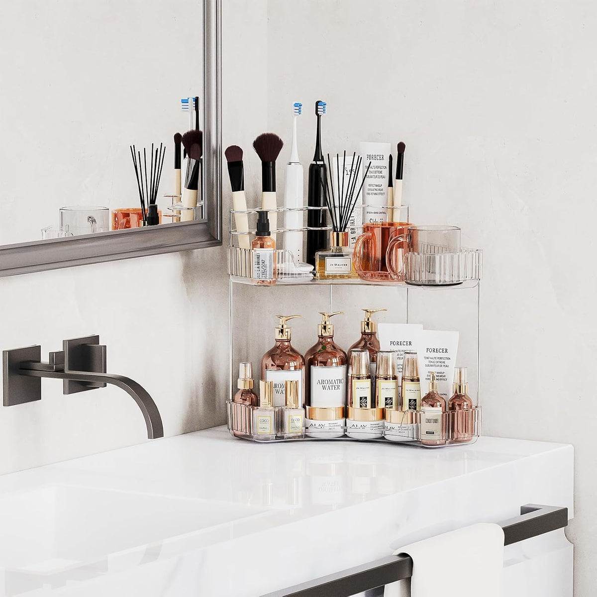 2-Tier Corner Bathroom Counter Organizer with Top Toothbrush