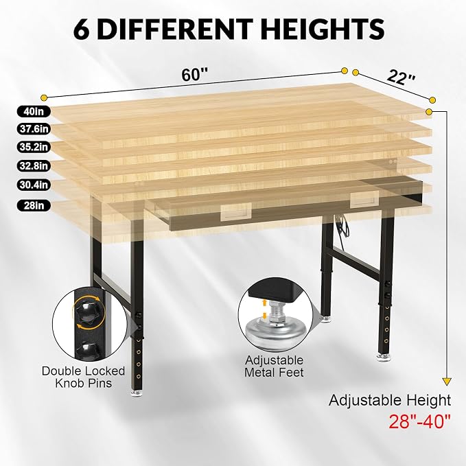 60" Workbench with Drawers, Adjustable Height Work Table, 2000 LBS Heavy-Duty - Image 3