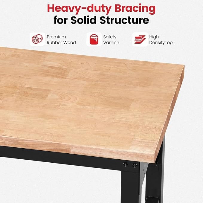 Work Bench with Double Layers 60 x 22 Inch Heavy Duty Rubberwood Tabletop Work - Image 6