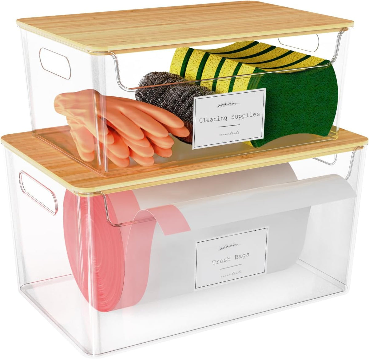 2 Pack Stackable Plastic Trash Bag Holder with Bamboo Lid Under Sink