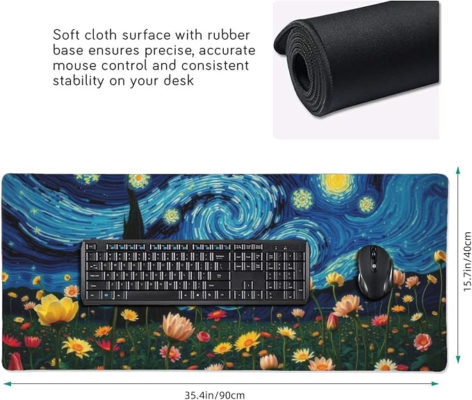 Starry Night Large Mouse Pad, Vintage Aesthetic Flowers Gaming Desk Mat - Image 3