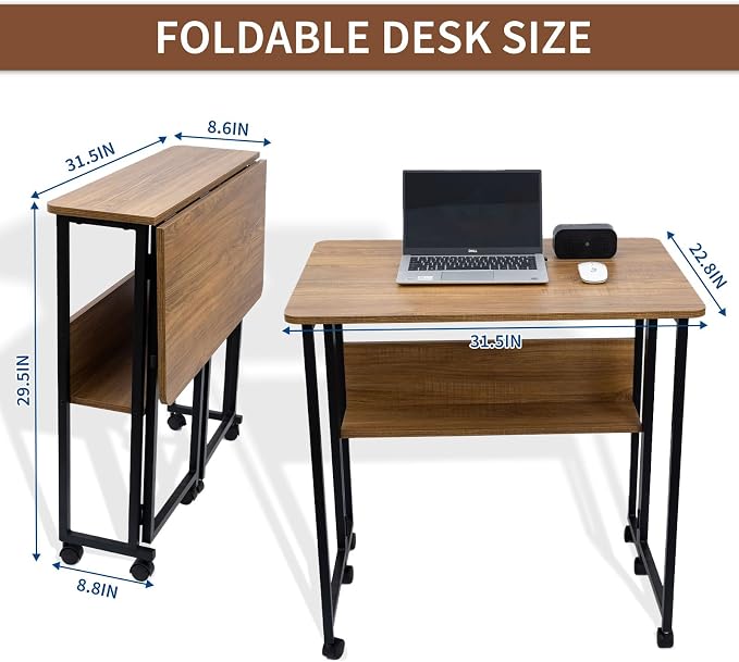 Mobile Foldable Desk w/ 6 Wheels, Portable Rolling Small Computer Desk - Image 2