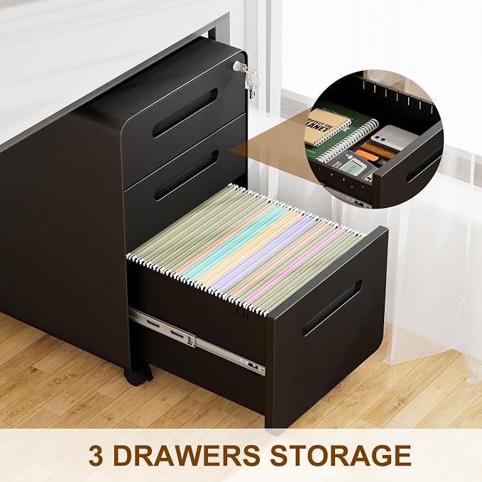 3 Drawer File Cabinet with Lock and 4 Keys, Mobile Metal Filing Cabinet - Image 6