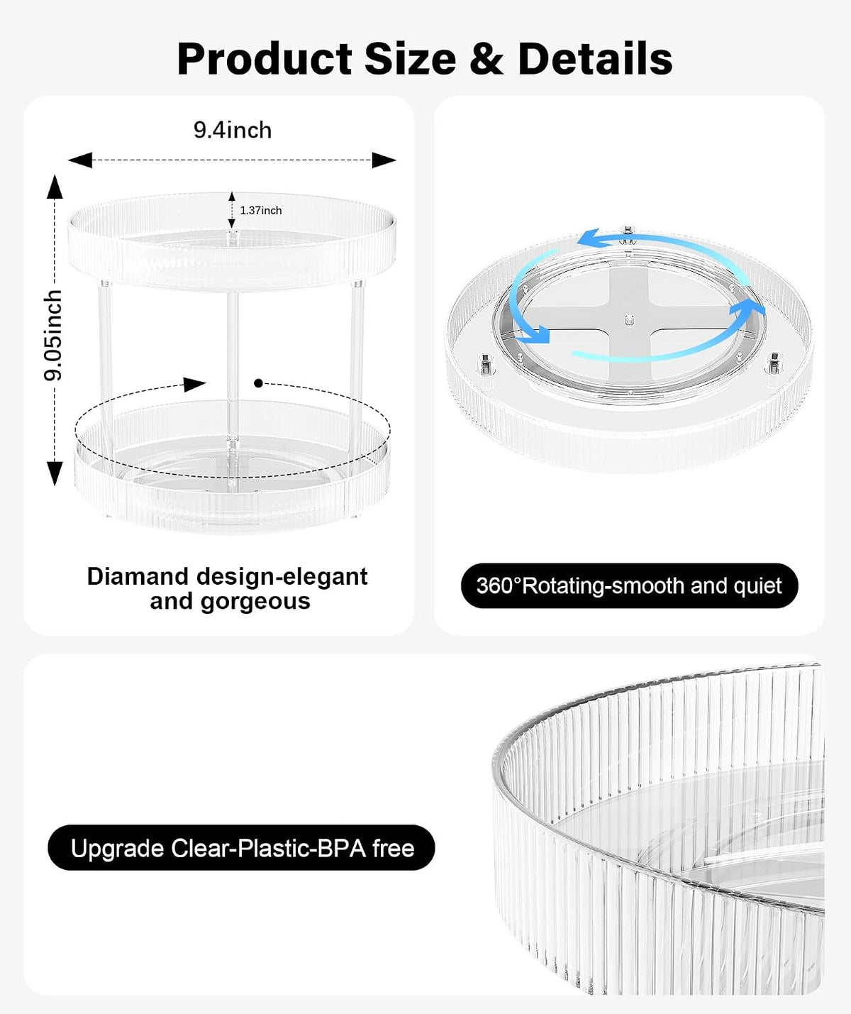 360° Clear Rotating Storage Tray, 2 Tier Lazy Susan Bathroom