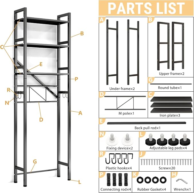 Over The Toilet Storage Cabinet, Metal 3 Tier Bathroom Organizer Shelf - Image 6