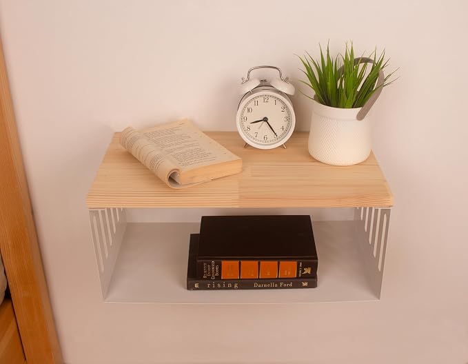 Floating Nightstand with White Metal Base, Wooden Top and Sturdy Metal Base - Image 2