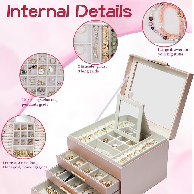 BOOVO Clear Lid Jewelry Box, 3 Layers Jewelry Organizer Large Jewelry Storage - Image 3