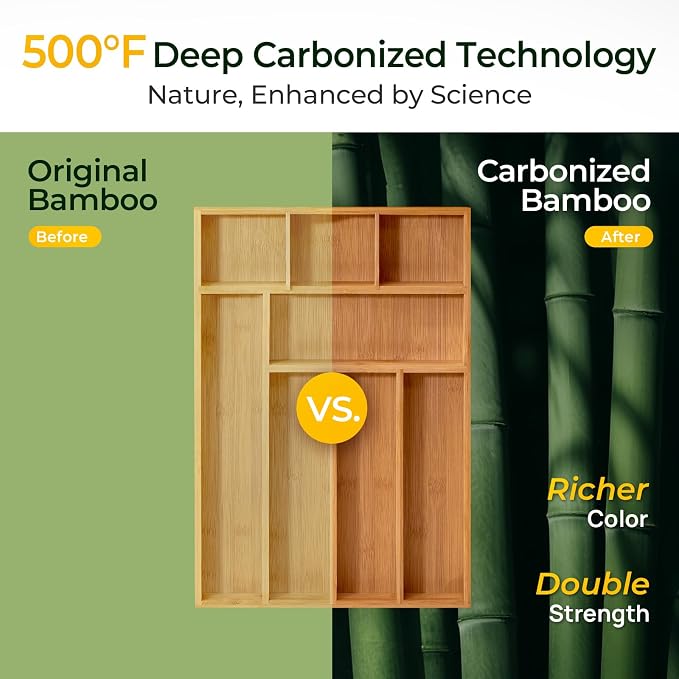 Carbonized Bamboo Kitchen Drawer Organizer, 8 Slots Silverware Organizer - Image 3
