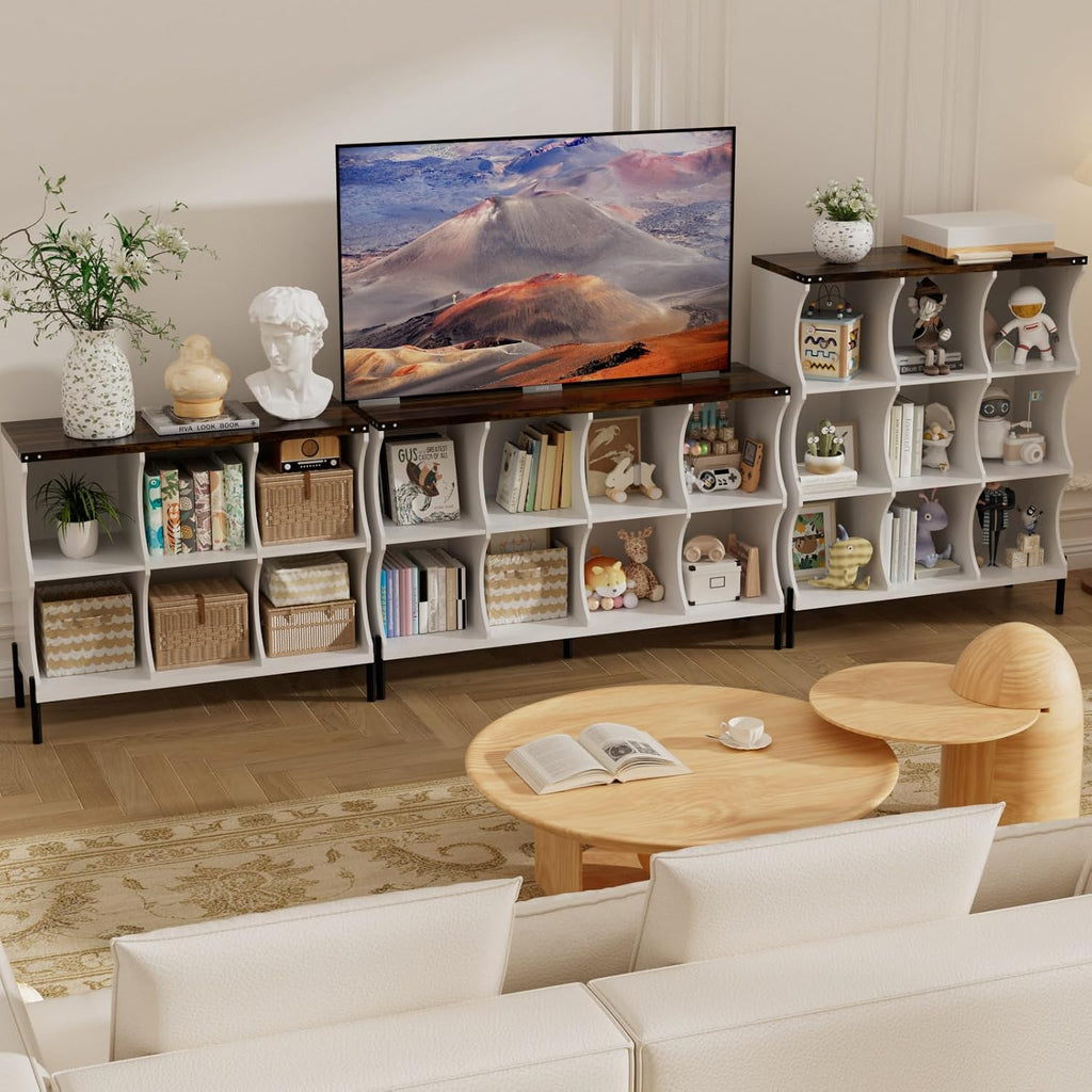6 Cube Low and Short Book Shelf, White with Dark Brown Top