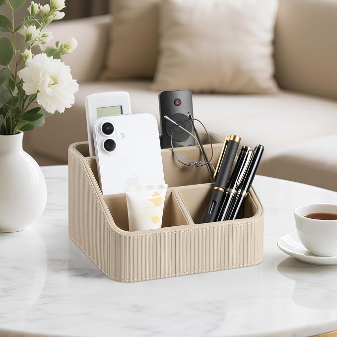 Remote Control Holder with 4 Compartments, PU Leather Small Nightstand Organizer - Image 2