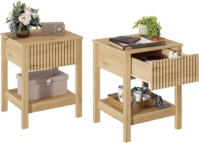 Fluted Night Stand with Golden Handle, Bedside Table with Storage Shelf by TROJMHome