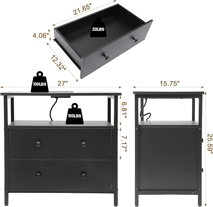 27 inch Wide Night Stand with Charging Station, Bedside Table with Open Shelf - Image 3