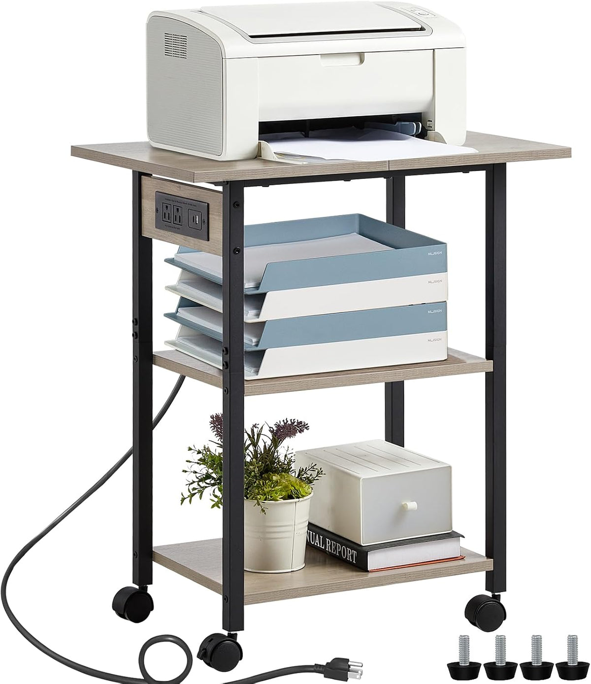 Lerliuo 3-Tier Printer Stand with Charging Station, Rolling Printer