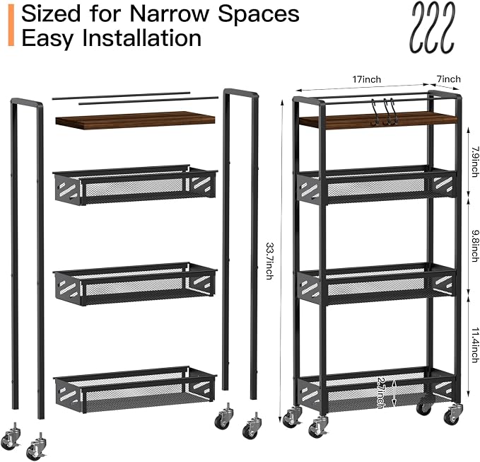 DGSNADGO Slim Rolling Storage Cart, 4-Tier Kitchen Cart on Wheels, Narrow - Image 4