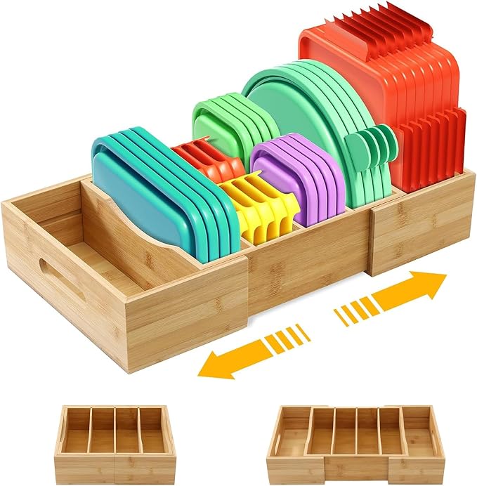Expandable Food Container Lid Organizers Inside Cabinet, Bamboo Lids Organizer by PJOETYONE
