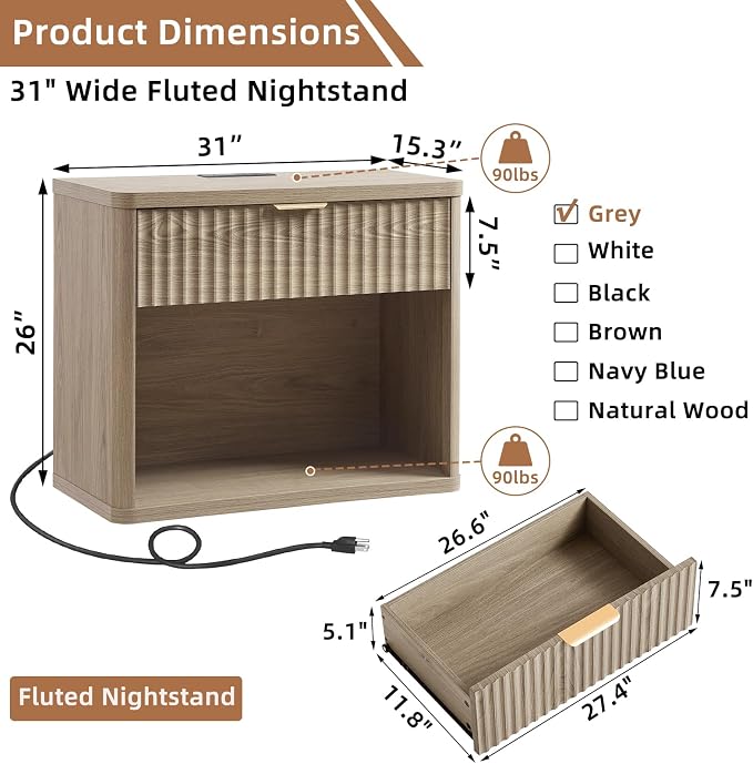 LEYAOYAO 31" Wide Fluted Nightstand Set of 2 - Image 2