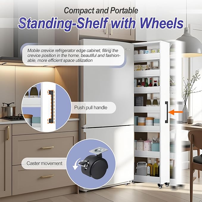 7-Tier Slim Storage Cart, Wooden Rolling Pantry Cabinet - Image 6