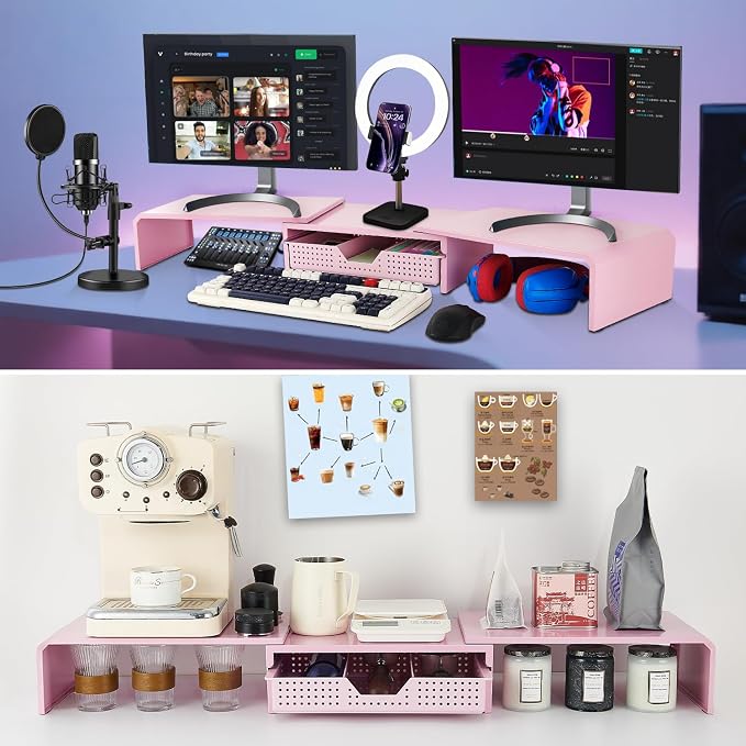 Dual Monitor Stand Riser with Drawer, Desk Organizer and Accessories, Desktop - Image 4