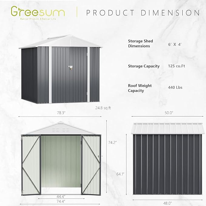 Greesum 6x4FT Outdoor Storage Shed, Utility Tool Shed Metal Storage Garden Shed - Image 3